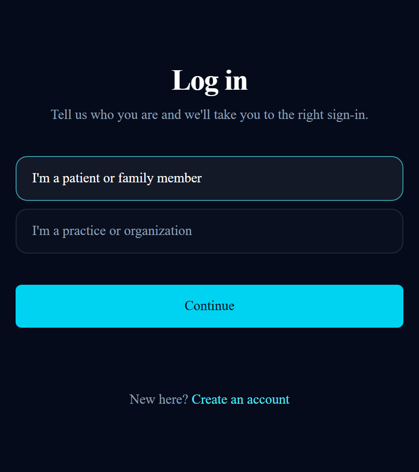 The sign in screen on a phone, asking whether you are a patient or an organization