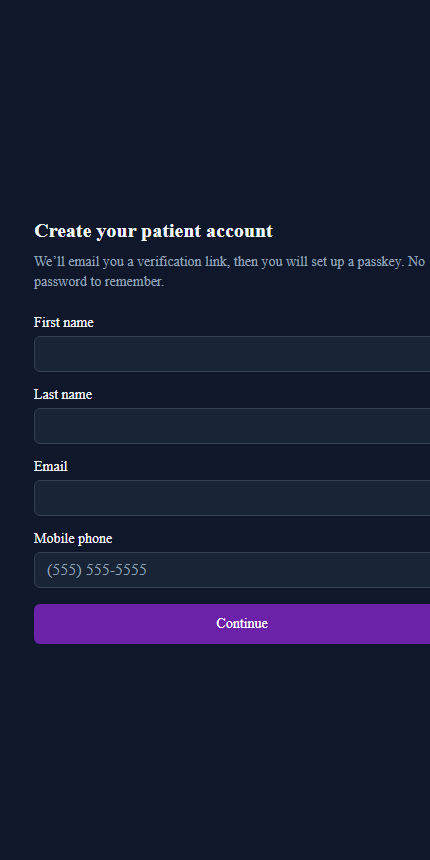 The patient sign up screen on a phone